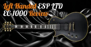 Left-handed ESP LTD EC-1000 electric guitar with a sleek single-cutaway body in vintage black finish and gold hardware. Features two EMG active pickups, three control knobs, a toggle switch, and binding along the body, neck, and headstock, set against a dark background.