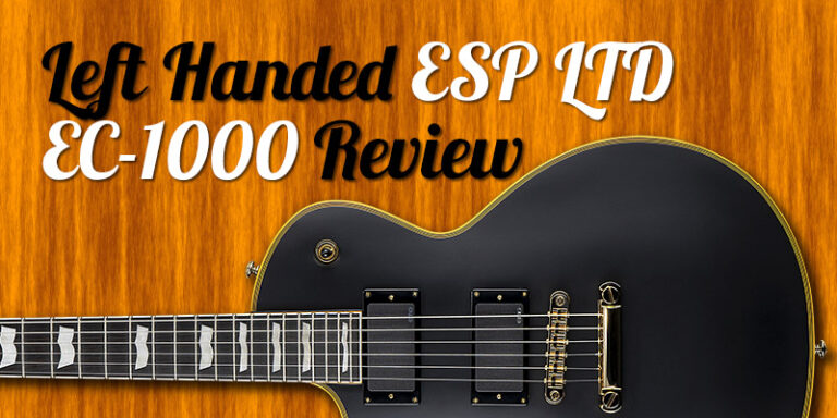 Left handed ESP LTD EC-1000 on its side, top half visible