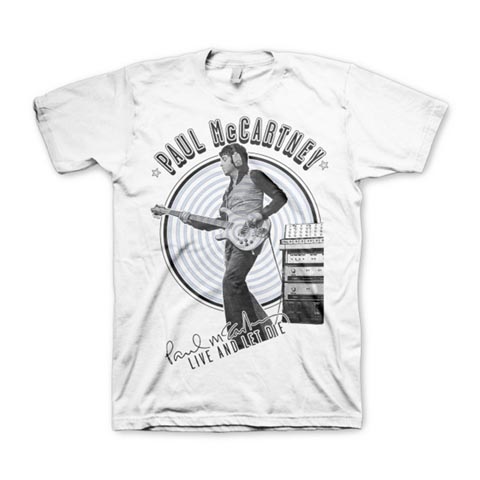 A T-Shirt featuring Paul McCarney holing a left handed Rickenbacker bass guitar. The T-shirt's text reads "Paul McCartney" at the top and under Paul's image is his signature and the text "Live and Let Die".