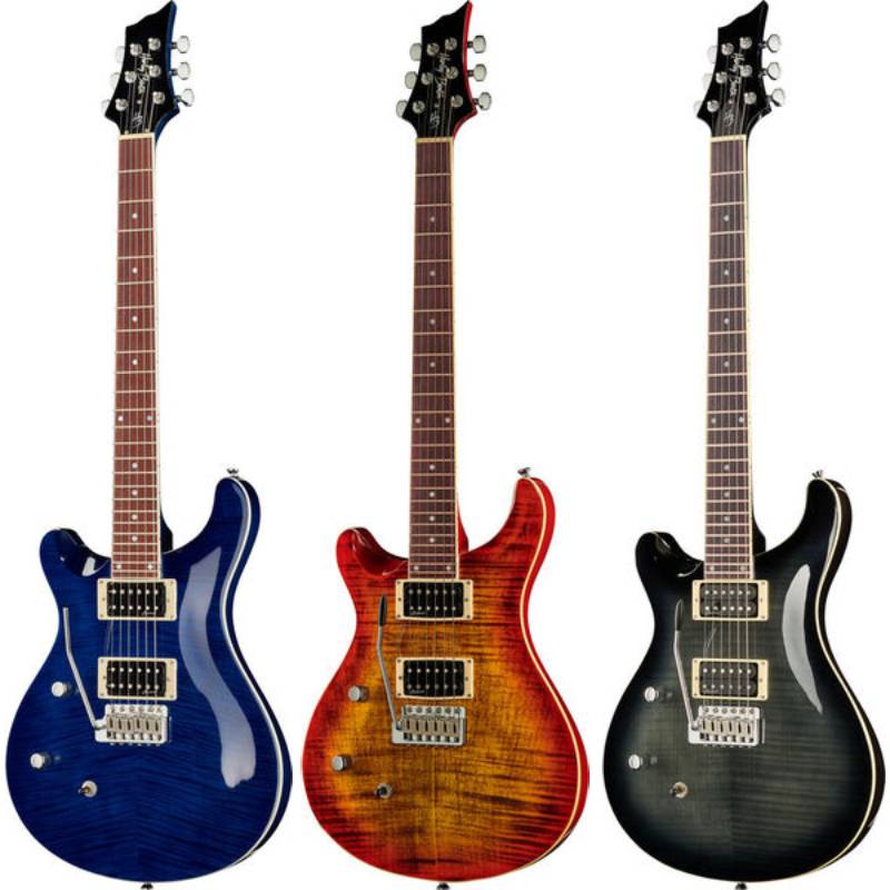 Left handed Harley Benton Guitars - Three CST-24T LH guitars in Ocean Flame, Paradise Flame and Black Flame finishes