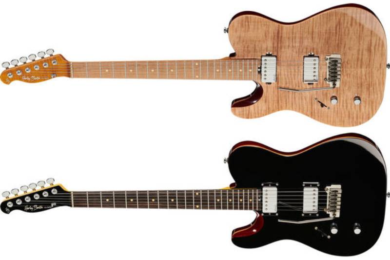 Left handed Harley Benton Guitars - Two Fusion-T HH guitars in Flame Natural and Black finishes