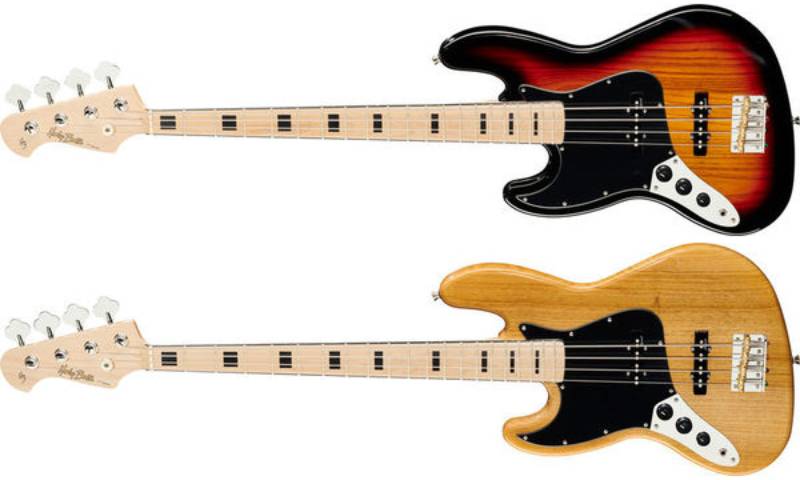 Left handed Harley Benton bass guitars - two JB-75 models in 3-tone sunburst and natural finishes