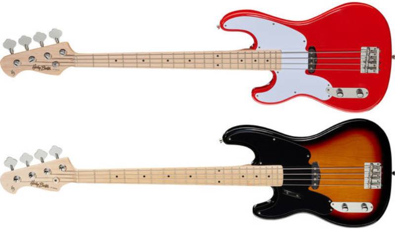 Left handed Harley Benton bass guitars - Two PB-50 LH basses with Fiesta Red and 2-tone sunburst finishes