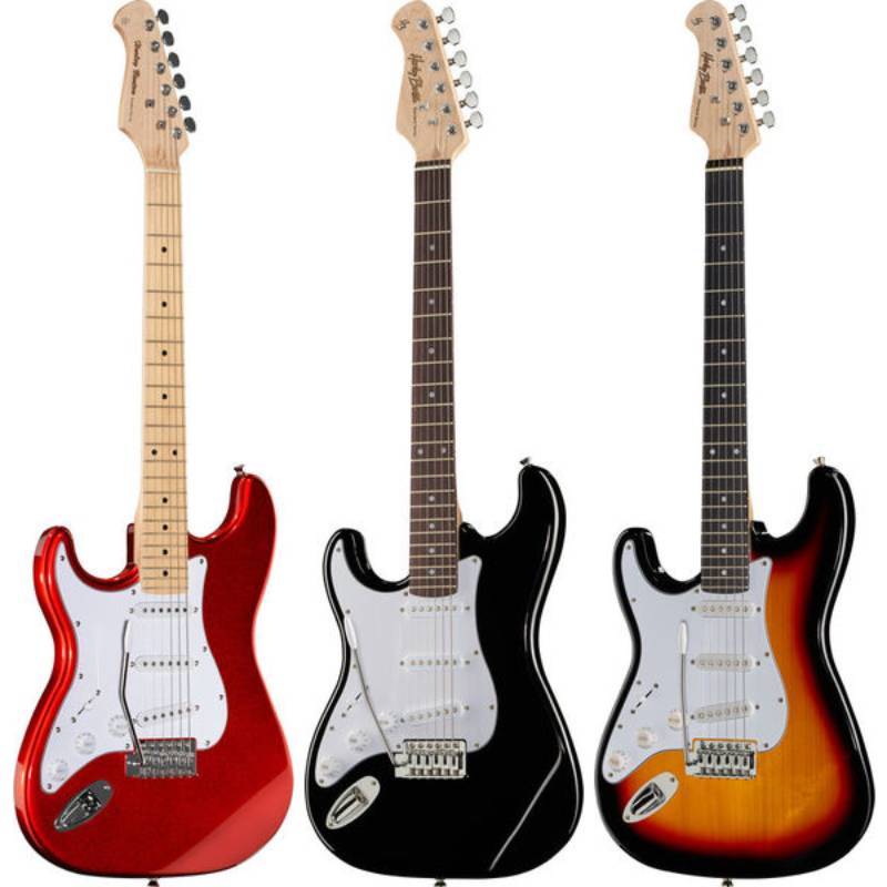 Left handed Harley Benton Guitars - Three Harley Benton ST-20 guitars in Candy Apple Red, Black and 3-Tone Sunburst