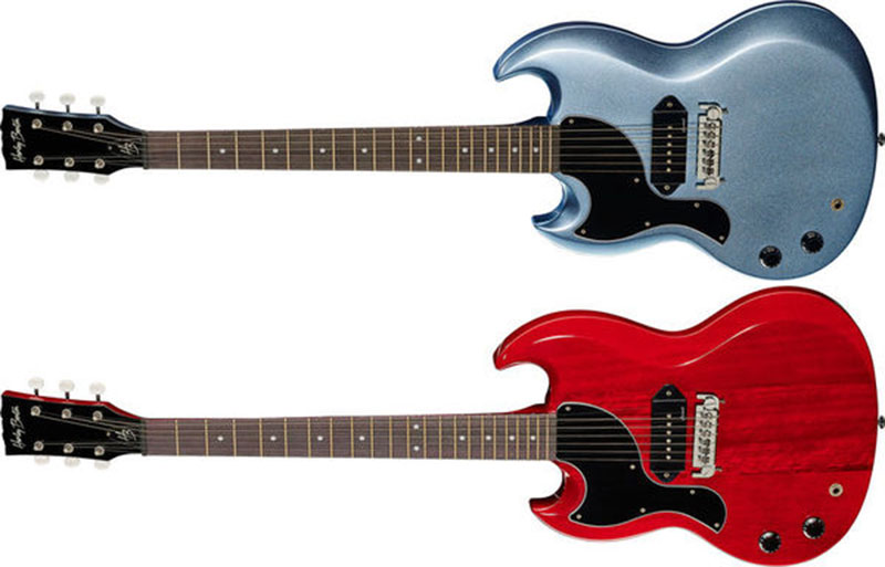 Left handed Harley Benton Guitars - Two DC-60 Junior LH guitars in Pelham Blue and Faded Cherry finishes