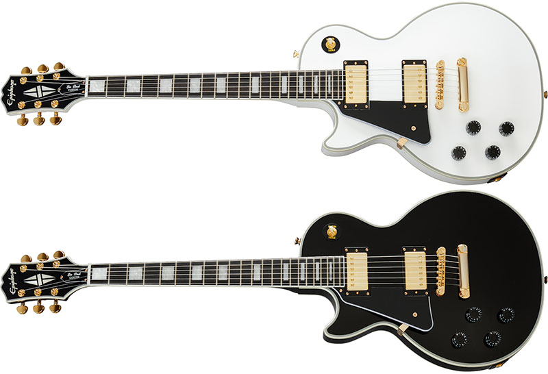 Left Handed Epiphone Guitars - Two Epiphone Les Paul Custom guitars; one Alpine White, one Ebony