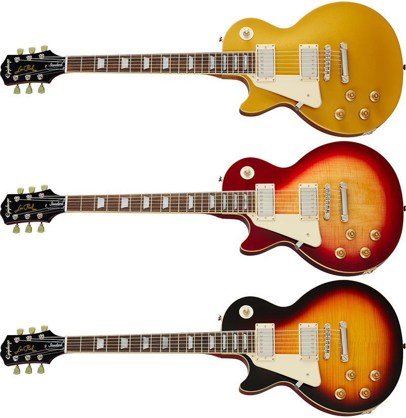 Left Handed Epiphone Guitars - Three Epiphone Les Paul Standard 50s; one Metallic Gold, one Heritage Cherry Sunburst, and one Vintage Sunburst