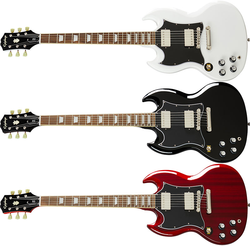 Left Handed Epiphone Guitars - Three Epiphone SG Standards; one Alpine White, one Ebony, and one Heritage Cherry