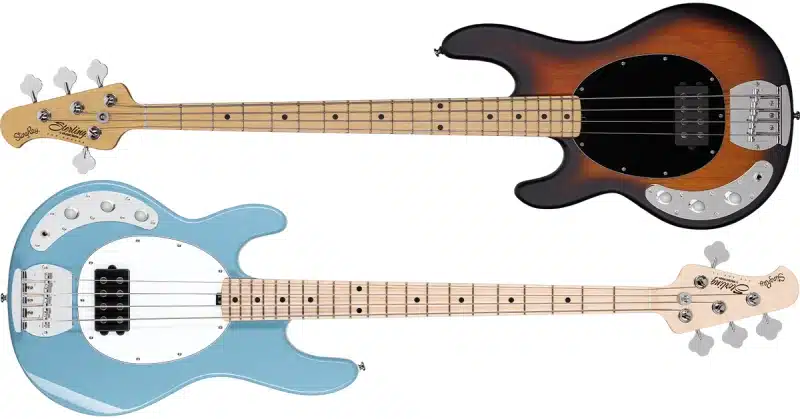Left Handed Sterling Guitars and Basses - StingRay Ray 4 in Vintage Sunburst and Chopper Blue finishes.