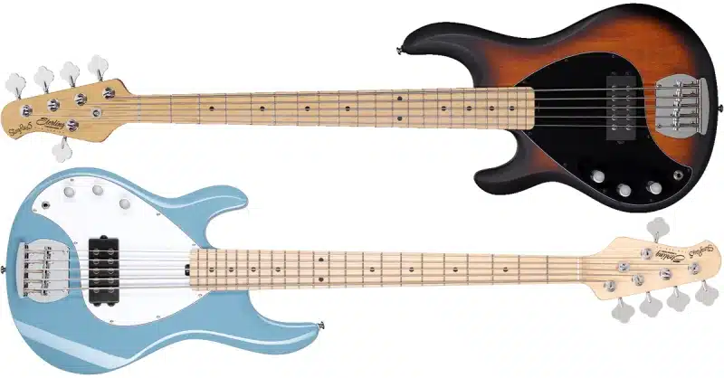 Left Handed Sterling Guitars and Basses - StingRay Ray 5 in Vintage Sunburst and Chopper Blue finishes.