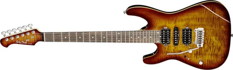 Left handed Harley Benton Guitars - A Fusion III LH HSH EB FBB guitar in a Trans Flamed Bengal Burst finish
