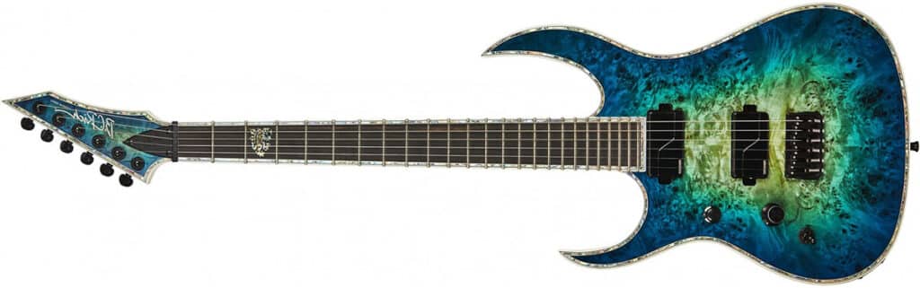 Left Handed B.C. Rich Guitars - Shredzilla Extreme Exotic (Burl Top with Cyan Blue finish)