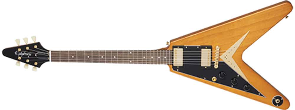 Left Handed Epiphone Guitars - 1958 Korina Flying V (Natural Gloss finish with Black Pickguard)