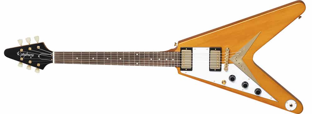 Left Handed Epiphone Guitars - 1958 Korina Flying V (Natural Gloss finish with White Pickguard)