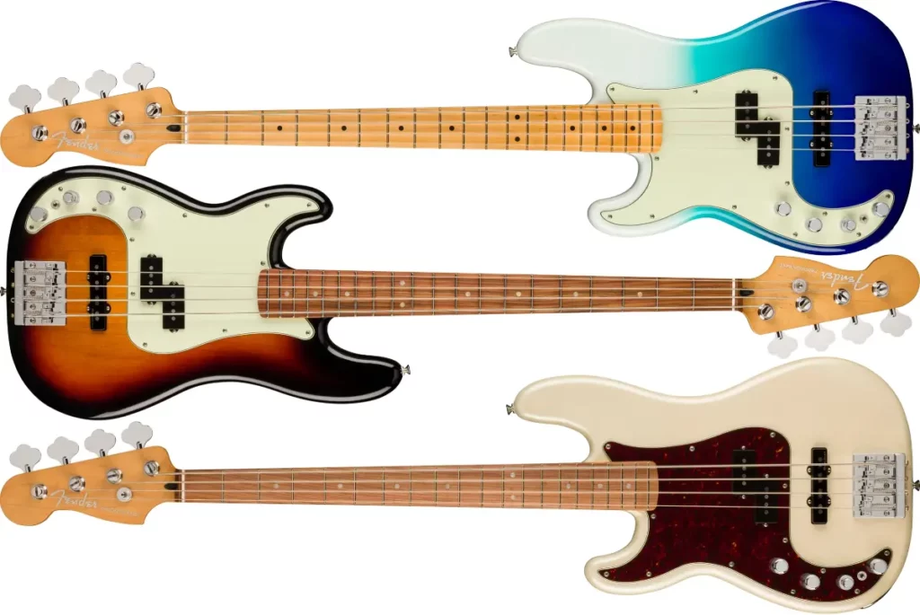 Left Handed Fender Bass Guitars - Player Plus Precision Bass (Belair Blue, 3-Color Sunburst, Olympic Pearl)