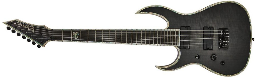 Left Handed B.C. Rich Guitars - Shredzilla Extreme 7 Exotic (Flame Maple Top with Trans Black Satin finish)