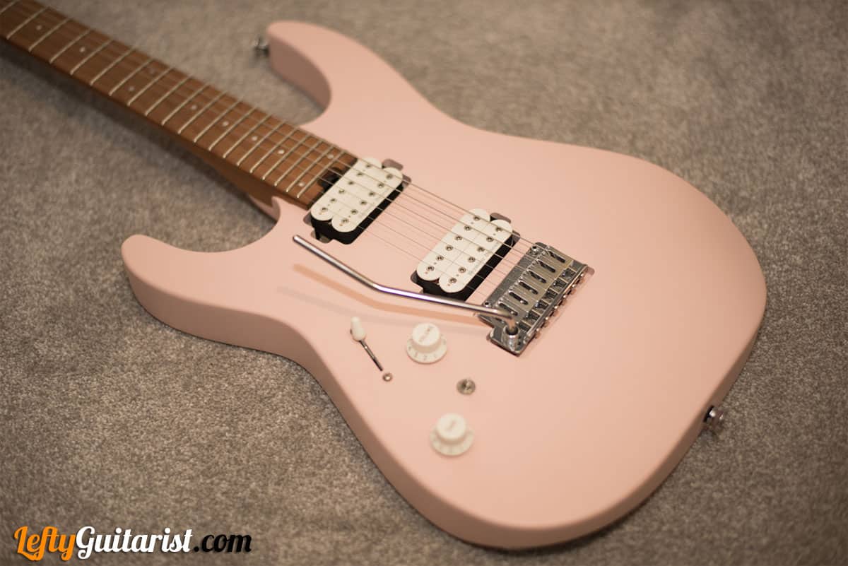 Body of a left handed Charvel DK24 HH 2PT CM (Satin Shell Pink finish)