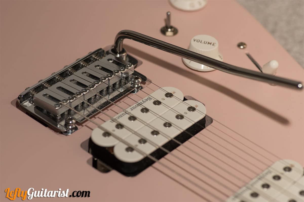 A Gotoh Custom 510 Tremolo fitted to a left handed Charvel Pro-Mod DK24 HH 2PT CM
