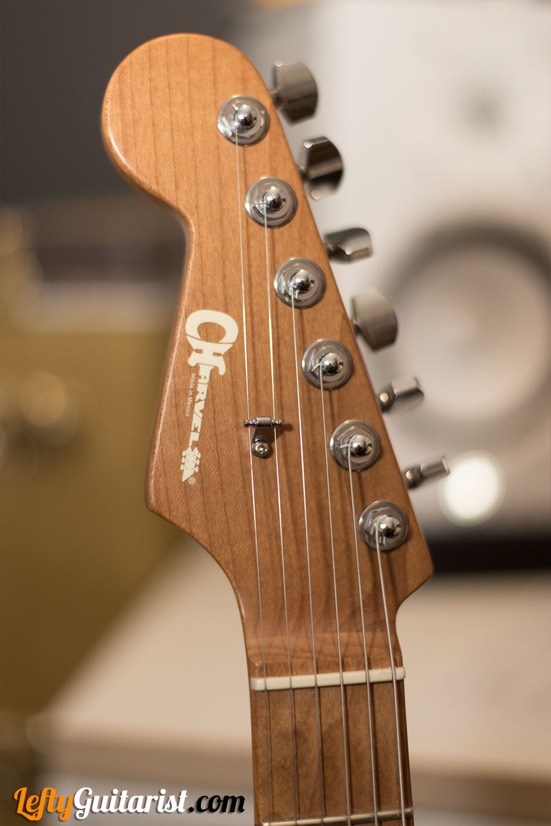 Closeup of the headstock of a left handed Charvel Pro-Mod DK24 HH 2PT CM