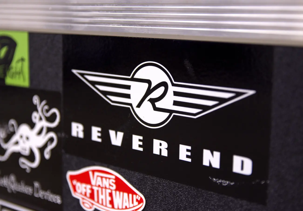 A Reverend Guitars sticker on a road case.