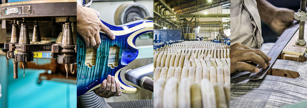 Various stages of making guitars at the Cortek factory in South Korea.