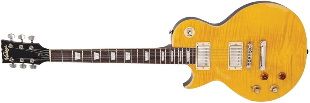 Left Handed Vintage Guitars - a Vintage V100 ICON Series guitar with Distressed 'Lemon Drop' finish