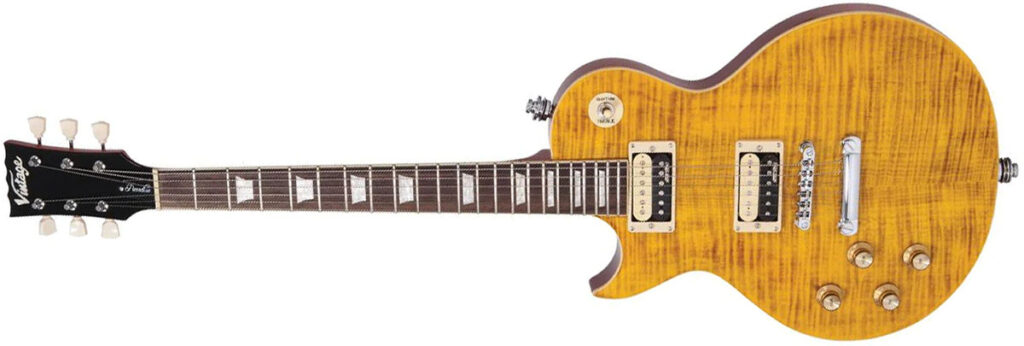 Left Handed Vintage Guitars - a Vintage V100AFD ReIssued Series guitar with Flamed Amber finish