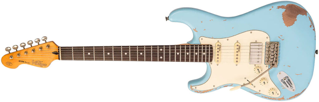 Left Handed Vintage Guitars - a Vintage V6 ICON Series guitar with Distressed Laguna Blue finish
