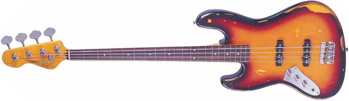 Left Handed Vintage Bass Guitars - a Vintage V74 ICON Fretless Bass with Sunset Sunburst finish