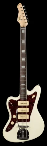 Left Handed Revelation Basses - The front of a Revelation RJT-60 B with Vintage White finish