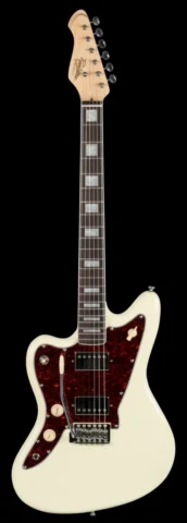 Left Handed Revelation Guitars - The front of a Revelation RJT-60 H with Vintage White finish