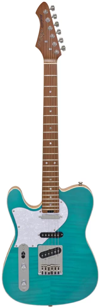 Left Handed Aria Guitars - A left-handed Aria Pro II 615-MK2-L 'Nashville' guitar in a stunning turquoise blue finish. The guitar features a classic Telecaster-style body with a flamed maple top, giving it a beautiful, glossy sheen. The body is paired with a white pickguard, which contrasts well with the vibrant blue colour. It has three single-coil pickups, one near the neck, another near the bridge, and unusually, one inbetween. The neck is made from roasted maple, the headstock displays the Aria Pro II logo, and the tuners are standard chrome.