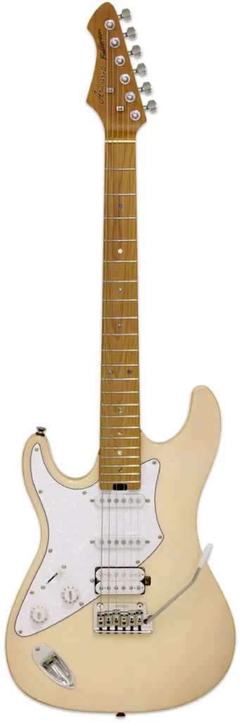 Left Handed Aria Guitars - This image features the Aria Pro II 714-JH 'Fullerton' in a cool marble white finish from the Hot Rod collection. The guitar showcases a left handed body with double-cutaway and a smooth, glossy surface. The guitar features right handed parts, as the guitar is inspired by guitar legend Jimi Hendrix. A white pickguard complements the overall colour scheme and adds to the vintage aesthetic. The guitar is equipped with a humbucker and two single-coil pickups. Additionally, it features a traditional vibrato bridge. The neck is made from roasted maple, and the headstock displays the Aria Pro II logo, with chrome tuners.