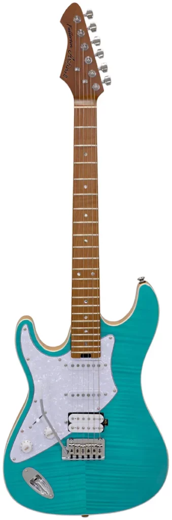 Left Handed Aria Guitars - A left-handed Aria Pro II 714-MK2-L 'Fullerton' guitar, featuring a striking turquoise blue finish with a flamed maple top, giving it a glossy and vibrant look. The guitar has a classic double-cutaway body, designed for both comfort and access to higher frets. A white pickguard contrasts beautifully with the body colour, enhancing its overall aesthetic appeal. The guitar is equipped with two single-coil pickups, one near the neck and one in the middle, along with a humbucker at the bridge. The neck is made from roasted maple, and the guitar features a traditional six-saddle bridge and chrome tuners on the headstock.