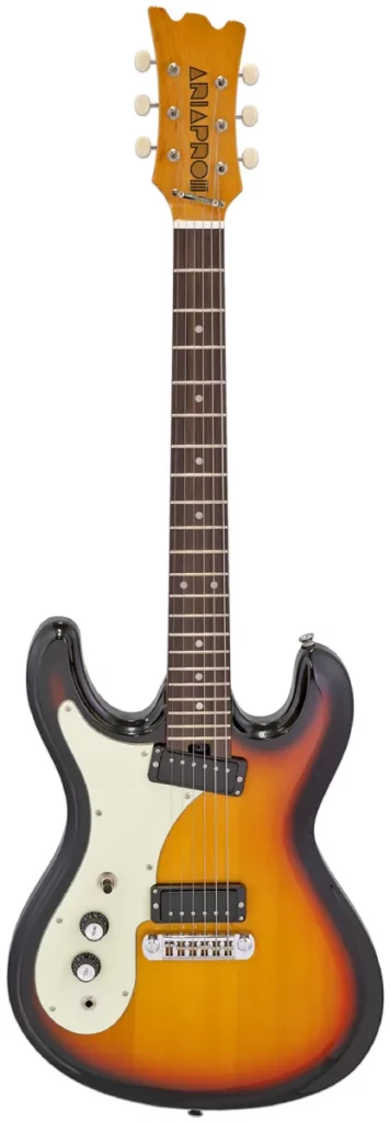 Left Handed Aria Guitars - A left-handed Aria Pro II DM-206-L. The guitar has a classic 3-tone sunburst finish. The body is shaped like a Mosrite Ventures model and has two cutaways. The guitar features two mini-humbucker pickups and tone and volume control knobs.