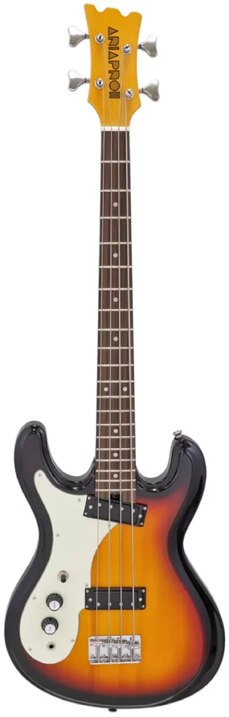 Left Handed Aria Bass Guitars - A left-handed Aria Pro II DMB-206-L bass guitar in a classic sunburst finish. The bass has a vintage-inspired design, inspuired by the Mosrite Ventures model, with a white pickguard that contrasts nicely with the sunburst body. It is equipped with two mini humbucker pickups. The bass has a traditional four-string setup and comes with chrome hardware, including the tuning pegs and bridge. The headstock showcases the vintage Aria Pro II logo, and the bass is fitted with standard volume and tone controls.
