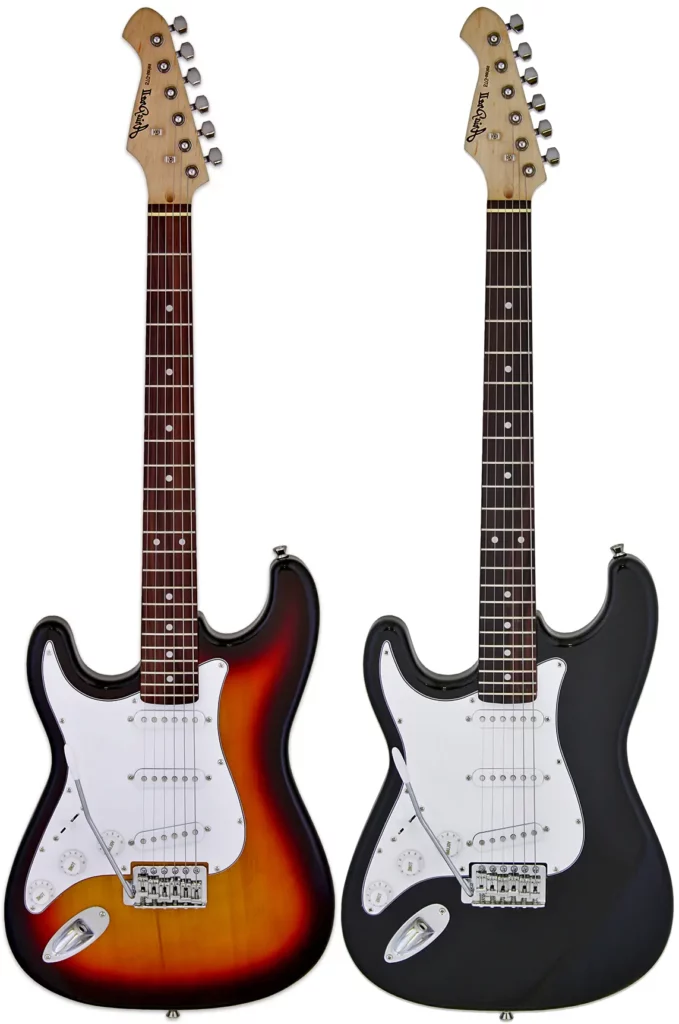 Left Handed Aria Guitars - Two left-handed Aria Pro II STG-003 electric guitars, displayed side by side. Both guitars feature the same design with a solid body, a white pickguard, and a classic Stratocaster-style layout.
The guitar on the left has a sunburst finish, giving it a warm, vintage look.
The guitar on the right has a sleek black finish, offering a more modern and minimalist appearance.
Both guitars have three single-coil pickups. The body shape is contoured for comfort, and both guitars come with a traditional five-way pickup selector switch and volume/tone control knobs.
The necks of both guitars are made from maple, and each features a 21-fret fingerboard. The headstocks display the "Aria Pro II" logo.