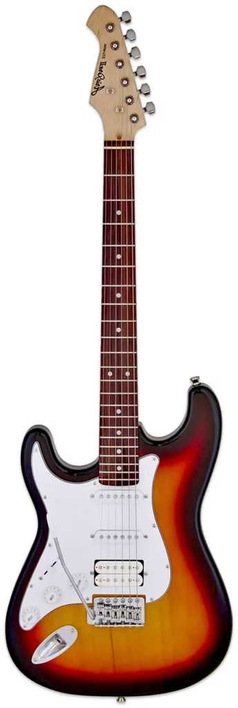 Left Handed Aria Guitars - A left-handed Aria Pro II STG-004 electric guitar in a beautiful sunburst finish. The guitar has a traditional Stratocaster-style body and features a white pickguard, which contrasts nicely with the warm colour of the body, adding to its vintage aesthetic.
The guitar is equipped with two single-coil pickups and a humbucker. It also has a classic five-way pickup selector switch and tone and volume control knobs for versatile sound shaping. The neck is made of maple, with a rosewood fingerboard.
The guitar's headstock displays the Aria Pro II logo, and it is equipped with chrome tuning pegs. The STG-004 model also features a traditional tremolo bridge, allowing for pitch bending effects.