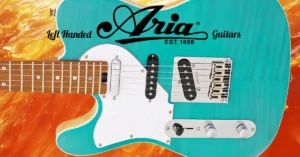 Left Handed Aria Guitars - This image features a vibrant colored left-handed Aria 615 MK2 L Nashville guitar, with the focus on the body and neck. The guitar has a striking turquoise blue finish with a flamed maple top, which gives it a glossy and eye-catching look. It is designed in a Telecaster-style shape, featuring a white pickguard that contrasts with the vivid body colour. The upper part of the image reads "Left Handed Aria Guitars". The background features a brightly colored gradient of orange and yellow, adding dynamic energy to the image and emphasizing the bold design of the guitar.