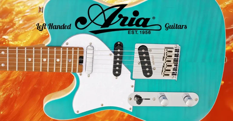 Left Handed Aria Guitars - This image features a vibrant colored left-handed Aria 615 MK2 L Nashville guitar, with the focus on the body and neck. The guitar has a striking turquoise blue finish with a flamed maple top, which gives it a glossy and eye-catching look. It is designed in a Telecaster-style shape, featuring a white pickguard that contrasts with the vivid body colour. The upper part of the image reads "Left Handed Aria Guitars". The background features a brightly colored gradient of orange and yellow, adding dynamic energy to the image and emphasizing the bold design of the guitar.