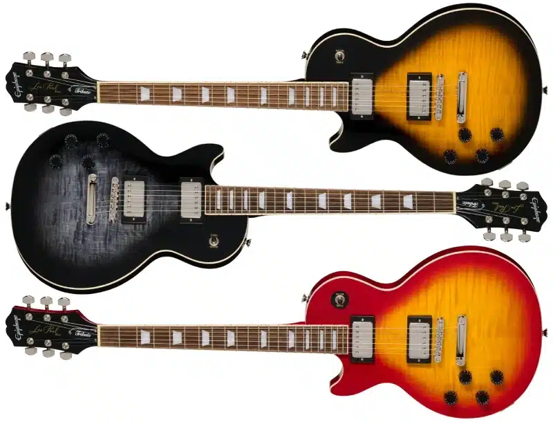 Left Handed Epiphone Guitars - Three Les Paul Tribute Plus guitars in Vintage Sunburst, Ebony Burst and Heritage Cherry Burst finishes