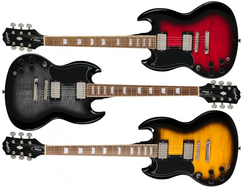 Left Handed Epiphone Guitars - Three SG Tribute Plus guitars in Cherry Burst, Ebony Burst, and Vintage Sunburst finishes