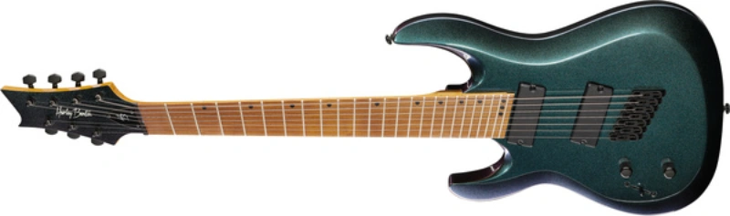 Left handed Harley Benton 7-String Guitars - a lefty R-457FFB LH Roasted Multiscale electric guitar in a High Gloss Flip Flop Blue finish.