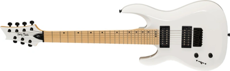 Left handed Harley Benton 7-String Guitars - a lefty R-457MN LH WH electric guitar in a Gloss White finish.