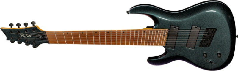 Left handed Harley Benton 7-String Guitars - a lefty R-458FFB LH Roasted Multiscale electric guitar in a High Gloss Flip Flop Blue finish.