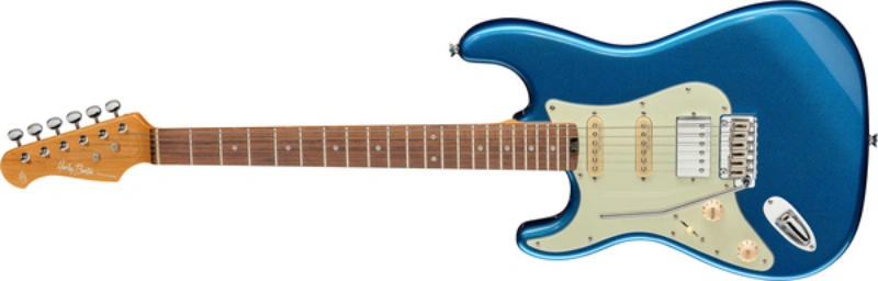 Left handed Harley Benton Guitars - a lefty ST-Modern HSS electric guitar in a Lake Placid Blue finish.