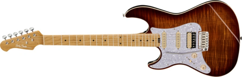 Left handed Harley Benton Guitars - a lefty ST-Modern HSS MN electric guitar in a Flame Bengal Burst finish.