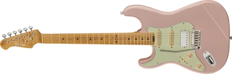 Left handed Harley Benton Guitars - a lefty ST-Modern HSS MN electric guitar in a Shell Pink finish.