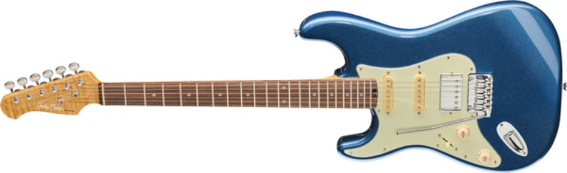 Left handed Harley Benton Guitars - a lefty ST-Modern Plus HSS electric guitar in a Lake Placid Blue finish.