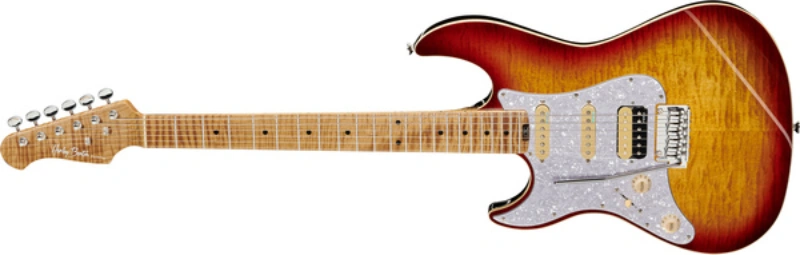 Left handed Harley Benton Guitars - a lefty ST-Modern Plus MN HSS electric guitar in a Flame Bengal Burst finish.